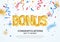 Golden bonus word on falling down confetti background. Winning vector illustration