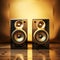 Golden Bookshelf Speakers: Realistic Still Life With Dramatic Lighting