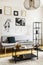 Golden bowl and books on industrial coffee table