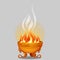 Golden bowl of fire isolated on a grey background. Vector cartoon close-up illustration.