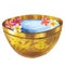 Golden bowl with water and frangipani, plumeria flowers. New year Thailand Songkran. Hand-drawn watercolor illustration