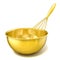 Golden bowl with a wire whisk. 3D rendering