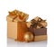 Golden and brown classic gift boxes with satin bows, beaded garlands and glass christmas ball