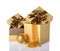 Golden and brown classic gift boxes with satin bows, beaded garlands and glass christmas ball