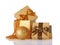 Golden and brown classic gift boxes with satin bows, beaded garlands and glass christmas ball