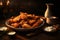 Golden brown fried chicken wings arranged in a ceramic bowl with condiments and a warm inviting ambiance. Homemade food concept