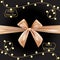 Golden brown realistic bows for gift box on dark background. Silk ribbon, 3d gift bow tie for Christmas, New Year, holidays.