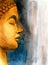 Golden Buddha in profile watercolor illustration
