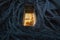 Golden Buddha statue with old brick wall and old tree roots through window at night in Wat Bang Kung in Samut Songkhram district,