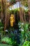 Golden Buddha statue by a stream among tropical plants, orchids and lianas, in the park of wat saket, or the golden mount temple.