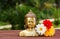 A golden Buddha statue in a summer sunny garden. Buddha and flowers aster. Relax and meditation. Copy space