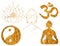 Golden buddhist symbols Meditating Buddha, Lotus, Yin Yang symbol, Om symbol