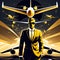 Golden businessman on the background of an airplane