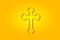 Golden Byzantine orthodox cross, glowing 3D symbol, card template on yellow background. Vector illustration
