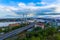 Golden cable-stayed bridge road car traffic from above. Modern Vladivostok Russia night illumination