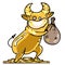 Golden calf stands on a mountain of gold coins and holds a bag of gold