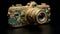 Golden Camera With Green Stone Carvings - Art Nouveau Style