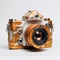 Golden Camera On White Background With Futurist Mechanical Precision