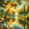 Golden Canopy: Serene River Landscape, nature painting, Autumn painting