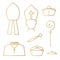 Golden catholic priest, bishop, pope hats, crosier, sprinkler, cassock icons