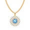 Golden chain necklace with blue gemstone pendant.