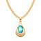 Golden chain necklace with diamonds and emerald gemstones pendant drop shape.