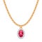 Golden chain necklace with ruby gemstone pendant.