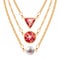 Golden chain necklaces set with round triangle ruby pendants and pearl