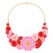 Golden chain statement necklace with red and pink flowers pendants.