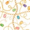 Golden Chains and Jewelry Elements Seamless Pattern. Luxury Fashion Fabric Design Print with Gold Chain and Gemstones