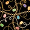 Golden Chains and Jewelry Elements Seamless Pattern. Luxury Fashion Fabric Design Print with Gold Chain and Gemstones