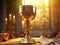Golden chalice on the altar during the mass in church