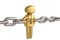 A golden character link in a chrome chain on white background.3D illustration.