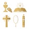 Golden christianity icon set; communion chalice, bible, cross, rosary and candle