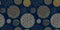 Golden circles on a dark blue background. Chinese seamless pattern with abstract geometric shapes. Different textured circles.