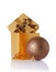 Golden classic gift box with brown satin bow, beaded garland and bronze glass christmas ball