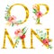 Golden classical form letters M, N, O, P decorated with watercolor flowers and leaves, isolated on white background