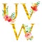 Golden classical form letters U, V, W decorated with watercolor flowers and leaves, isolated on white background. Luxury