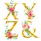 Golden classical form letters X, Y, Z, decorated with watercolor flowers and leaves, isolated on white background