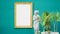Golden classical picture frame on the green wall mockup,tropical plants and antique marble Venus statue, luxury museum interior