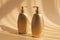 Golden clean bottles of cosmetics with sun shadows on beige background. Cosmetic mock up bottles, tubes. Branding products, spa,