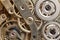 Golden Clockwork. Detail of watch machinery. Old mechanical pocket watch. Macro shot.