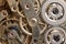 Golden Clockwork. Detail of watch machinery. Old mechanical pocket watch. Macro shot.