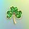 Golden clover leaf for St. Patrick`s day. Brooch in the form of an emerald clover. Four-leaf jewelry realistic design. Original