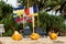 Golden coconuts on the beach on a background of flags of different countries of the world. Friendship of Peoples concept