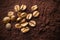 Golden coffee granules on the background of ground coffee