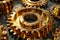 Golden cogwheel amidst metallic rings, central in industrial mechanism
