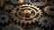 A golden cogwheel stands out amidst a ring of metallic cogwheels. Industrial, Ai Generated