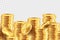 Golden coin background. Realistic gold money stacks. Game coins template. Vector 3D cash banner on transparent