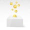 Golden Coin Drop into Money Box. Donation and Charity. Donate money concept. Golden coin fund in money box. Vector